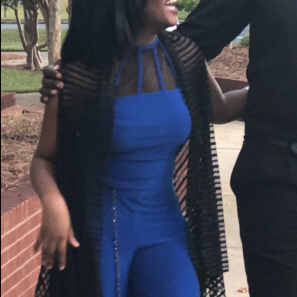 Halter style Blue Jumpsuit with Mesh at top